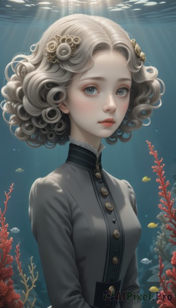 1girl,solo,breasts,looking at viewer,short hair,blue eyes,shirt,hair ornament,long sleeves,closed mouth,upper body,grey hair,small breasts,artist name,water,lips,grey eyes,eyelashes,buttons,wavy hair,sunlight,lace trim,lace,grey shirt,freckles,fish,bubble,curly hair,light rays,underwater,nose,air bubble,sunbeam,coral,blush,bangs,skirt,jacket,flower,parted lips,black skirt,black shirt,makeup,red flower,forehead,cropped jacket,high collar,pink lips,arms at sides,red lips,submerged