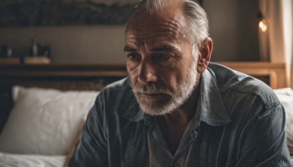 solo,short hair,shirt,1boy,closed mouth,jacket,upper body,white hair,male focus,open clothes,collared shirt,indoors,blurry,black jacket,pillow,bed,depth of field,blurry background,facial hair,on bed,beard,realistic,mustache,lamp,bald,manly,bedroom,old,old man,wrinkled skin,blue eyes,grey hair,lips,looking to the side,grey eyes,black shirt,scar,light