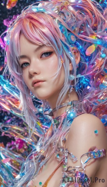 1girl,solo,long hair,breasts,looking at viewer,bangs,blue eyes,hair ornament,bare shoulders,jewelry,medium breasts,upper body,pink hair,multicolored hair,earrings,parted lips,choker,necklace,lips,grey eyes,gem,armlet,crystal,realistic,nose,cleavage,closed mouth,blue hair,sidelocks,artist name,from side,parted bangs,looking to the side,eyelashes,gradient hair,watermark,portrait