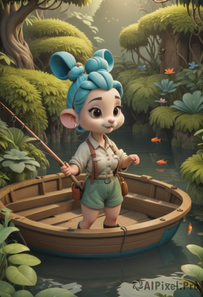 1girl,solo,smile,shirt,hair ornament,holding,animal ears,brown eyes,closed mouth,blue hair,standing,white shirt,flower,short sleeves,outdoors,green hair,shorts,socks,collared shirt,belt,artist name,water,bag,tree,sunlight,suspenders,plant,nature,furry,forest,fish,blue shorts,pouch,mouse ears,furry female,watercraft,green shorts,river,boat,fishing rod,lily pad,suspender shorts,leaf,animal nose,fishing