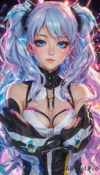 1girl,solo,long hair,breasts,looking at viewer,blush,smile,bangs,blue eyes,hair ornament,gloves,cleavage,bare shoulders,twintails,jewelry,medium breasts,blue hair,jacket,upper body,multicolored hair,earrings,parted lips,shiny,off shoulder,nail polish,lips,fingernails,shiny skin,clothing cutout,eyelashes,detached collar,crossed arms,pink nails,breast hold,zipper,hatsune miku,very long hair,pink hair,black gloves,elbow gloves,fingerless gloves,gradient hair,partially fingerless gloves,pink lips