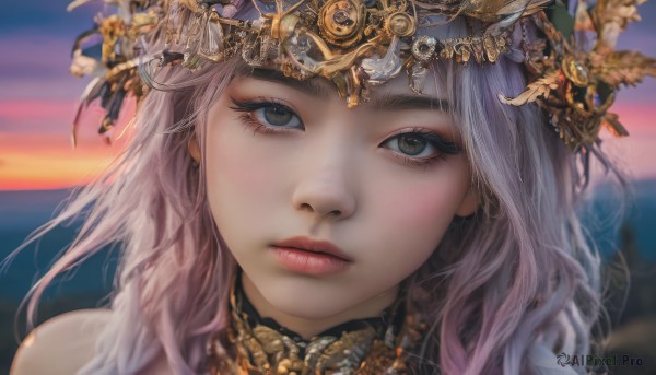 1girl,solo,long hair,looking at viewer,bangs,hair ornament,brown eyes,jewelry,closed mouth,grey hair,outdoors,sky,blurry,lips,grey eyes,eyelashes,makeup,depth of field,blurry background,expressionless,gem,portrait,close-up,sunset,realistic,red lips,straight-on,head chain,bare shoulders,pink hair,cloud,ocean,feathers,headdress,twilight,gold