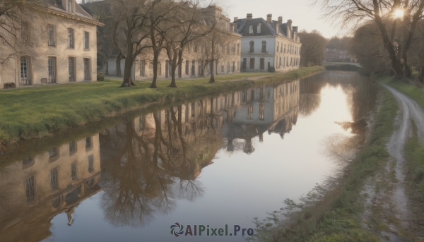 outdoors,sky,day,water,tree,no humans,window,grass,building,nature,scenery,reflection,fantasy,house,bridge,lamppost,bare tree,river,lake,reflective water,road,bush,landscape,path