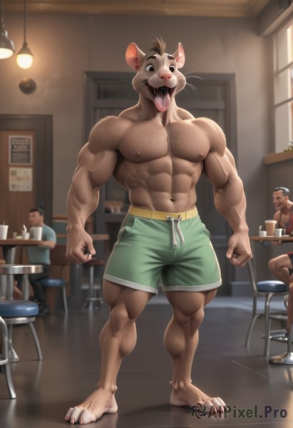 looking at viewer,short hair,open mouth,1boy,navel,animal ears,sitting,nipples,standing,tail,full body,male focus,thighs,multiple boys,shorts,teeth,solo focus,tongue,indoors,2boys,tongue out,stomach,cup,window,muscular,facial hair,animal,fangs,chair,thick thighs,abs,table,dark-skinned male,3boys,pectorals,muscular male,bara,furry,large pectorals,veins,topless male,mug,mouse ears,furry male,manly,stool,chest hair,green shorts,biceps,navel hair,whiskers,bar (place),thick arms,furrification,bar stool,veiny arms,artist name,blurry,black eyes,blurry background,thick eyebrows,reflection,bulge,dolphin shorts,hairy,gym