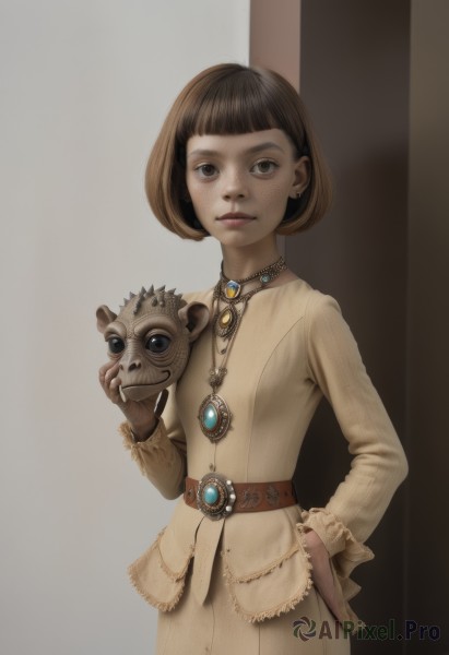 1girl,solo,looking at viewer,short hair,bangs,skirt,brown hair,long sleeves,dress,holding,brown eyes,jewelry,closed mouth,standing,cowboy shot,earrings,belt,blunt bangs,necklace,lips,hand on hip,mask,bob cut,brooch,gem,pendant,hand in pocket,realistic,nose,brown belt,mask removed,holding mask,simple background,brown dress,brown shirt