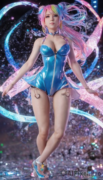 1girl,solo,long hair,breasts,looking at viewer,blue eyes,blonde hair,large breasts,dress,cleavage,bare shoulders,jewelry,medium breasts,blue hair,standing,full body,pink hair,multicolored hair,parted lips,choker,high heels,bracelet,leotard,lips,legs,bare legs,blue dress,zipper,realistic,blue leotard,hair ornament,earrings,two-tone hair,makeup,short dress,sandals