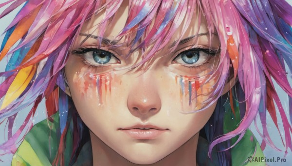 1girl,solo,looking at viewer,bangs,blue eyes,hair between eyes,closed mouth,blue hair,pink hair,multicolored hair,orange hair,lips,eyelashes,blue background,facial mark,portrait,close-up,freckles,realistic,nose,eye focus,long hair,1boy,male focus,straight-on