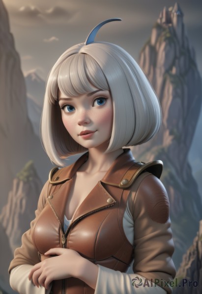 1girl,solo,breasts,looking at viewer,blush,smile,short hair,bangs,blue eyes,shirt,long sleeves,cleavage,medium breasts,collarbone,jacket,white shirt,upper body,ahoge,white hair,grey hair,outdoors,parted lips,sky,shiny,artist name,cloud,signature,blunt bangs,blurry,lips,eyelashes,blurry background,bob cut,cloudy sky,zipper,freckles,brown jacket,mountain,nose,closed mouth,day,nail polish,fingernails,makeup,own hands together,lipstick,realistic,zipper pull tab,leather