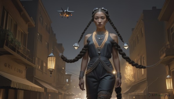 1girl,solo,long hair,breasts,looking at viewer,bangs,black hair,dress,holding,bare shoulders,twintails,brown eyes,jewelry,very long hair,closed mouth,standing,braid,cowboy shot,earrings,outdoors,sky,sleeveless,pants,artist name,dark skin,necklace,black eyes,black dress,twin braids,bracelet,dark-skinned female,lips,night,building,black nails,city,arms at sides,hair ornament,goggles,walking,goggles on head,lantern,realistic,aircraft,airplane,dreadlocks