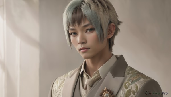 solo,looking at viewer,short hair,bangs,shirt,1boy,brown eyes,jacket,upper body,grey hair,male focus,multicolored hair,parted lips,necktie,collared shirt,two-tone hair,lips,grey eyes,formal,white jacket,suit,portrait,realistic,nose,white necktie,1girl,blonde hair,simple background,closed mouth,grey background,close-up