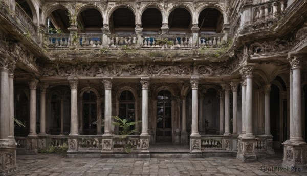 outdoors,indoors,no humans,window,grass,plant,building,scenery,stairs,door,architecture,ruins,vines,pillar,statue,church,arch,column,multiple girls,tree,fantasy,potted plant,pavement