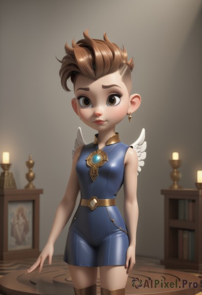 1girl,solo,breasts,looking at viewer,short hair,brown hair,thighhighs,dress,bare shoulders,brown eyes,jewelry,closed mouth,standing,cowboy shot,earrings,small breasts,wings,sleeveless,shiny,belt,indoors,lips,book,bare arms,sleeveless dress,blue dress,short dress,brooch,child,feathered wings,angel wings,white wings,brown thighhighs,candle,artist name,bodysuit,aged down,gem,bookshelf