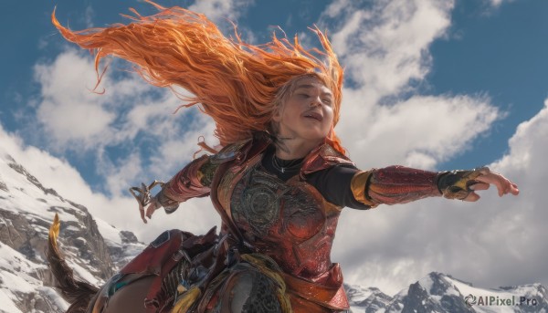 1girl,solo,long hair,gloves,closed eyes,weapon,outdoors,parted lips,sky,day,sword,cloud,fingerless gloves,orange hair,armor,blue sky,lips,floating hair,cloudy sky,outstretched arms,wind,shoulder armor,sheath,breastplate,mountain,fantasy,vambraces,mountainous horizon,chainmail,open mouth,teeth,looking up,gauntlets,snow,freckles,realistic,riding,horse,horseback riding,plate armor,saddle