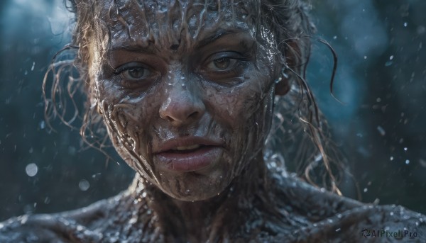 1girl,solo,long hair,looking at viewer,blonde hair,brown eyes,ponytail,parted lips,teeth,water,blurry,lips,blurry background,portrait,snowing,realistic,black hair,depth of field,close-up,freckles