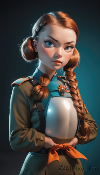 1girl,solo,long hair,looking at viewer,blush,blue eyes,simple background,brown hair,hair ornament,long sleeves,ribbon,holding,upper body,braid,parted lips,hair bun,orange hair,armor,uniform,twin braids,lips,military,eyelashes,single braid,military uniform,makeup,helmet,lipstick,hair over shoulder,headwear removed,freckles,breastplate,nose,helmet removed,skirt,closed mouth,jacket,blue background,thick eyebrows,own hands together,forehead,backlighting,orange bow,sidelighting