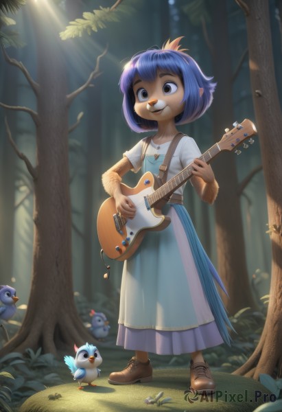 1girl,solo,smile,short hair,open mouth,bangs,shirt,dress,holding,blue hair,standing,tail,full body,white shirt,purple hair,short sleeves,boots,outdoors,wings,shoes,teeth,day,artist name,signature,black eyes,tree,blue dress,bird,brown footwear,sunlight,grass,bug,feathers,monster girl,instrument,nature,forest,light rays,furry female,music,guitar,playing instrument,holding instrument,bird tail,harpy,beak,bird girl,buck teeth,blue feathers,blue eyes,skirt,hair ornament,brown eyes,jewelry,collarbone,sidelocks,multicolored hair,pointy ears,necklace,blurry,looking at another,flat chest,blurry background,leaf,watermark,looking down,happy,bob cut,gem,child,claws,furry,long skirt,wide-eyed,female child,bush,body fur,sunbeam,animal nose,two-tone fur,plectrum,tree stump