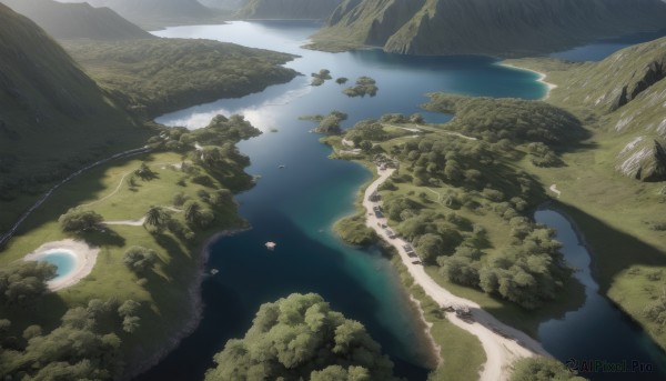 outdoors,sky,day,cloud,water,tree,no humans,bird,from above,sunlight,nature,scenery,forest,mountain,river,landscape,lake,cliff,island,ocean,road,shore