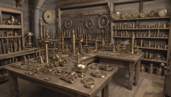 weapon,indoors,cup,no humans,chair,table,bottle,scenery,plate,wooden floor,clock,lamp,stool,shelf,gears,bar (place),barrel,wooden table,steampunk,weighing scale,hourglass,loaded interior,sword,sheath,sheathed,fantasy,candle,jar,candlestand