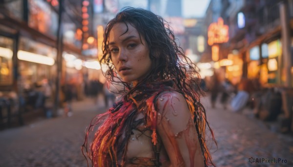 1girl,solo,long hair,breasts,black hair,upper body,outdoors,parted lips,solo focus,blurry,black eyes,lips,torn clothes,blood,depth of field,blurry background,messy hair,freckles,city,realistic,nose,road,street,looking at viewer,medium breasts,dark skin,scarf,from side,dark-skinned female,night,ground vehicle,motor vehicle,curly hair,blood on face,blood on arm