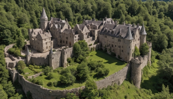 outdoors,day,tree,no humans,traditional media,grass,building,nature,scenery,forest,fantasy,ruins,castle,landscape,path,green theme,cliff,moss