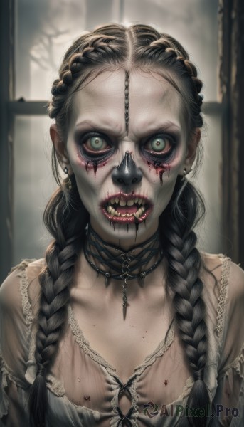 1girl,solo,long hair,breasts,looking at viewer,open mouth,black hair,dress,twintails,jewelry,green eyes,upper body,braid,earrings,teeth,necklace,blurry,twin braids,blood,makeup,blurry background,fangs,piercing,cross,hair over shoulder,forehead,blood on face,realistic,stitches,horror (theme),gothic,cleavage,small breasts,artist name,lips,lipstick,pale skin,freckles,nose,red lips,blood from mouth,mascara,black lips