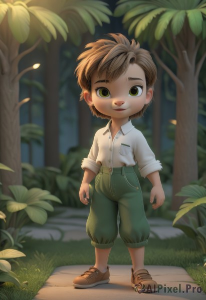 solo,looking at viewer,smile,short hair,brown hair,shirt,1boy,green eyes,standing,full body,yellow eyes,white shirt,male focus,outdoors,parted lips,shoes,teeth,collared shirt,pants,artist name,blurry,tree,buttons,blurry background,leaf,brown footwear,grass,child,nature,sleeves rolled up,forest,pocket,breast pocket,male child,green pants,open mouth,night,sneakers,shirt tucked in