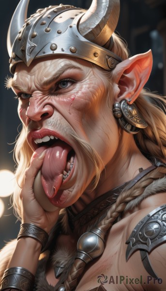 1girl,solo,long hair,looking at viewer,open mouth,blue eyes,blonde hair,1boy,jewelry,braid,male focus,earrings,horns,teeth,tongue,pointy ears,tongue out,necklace,armor,grey eyes,tattoo,facial hair,fangs,piercing,helmet,portrait,beard,veins,realistic,nose,fake horns,artist name,ear piercing,licking,manly,nose piercing,horned helmet