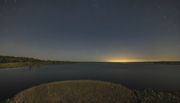 outdoors,sky,cloud,water,tree,no humans,night,ocean,grass,star (sky),nature,night sky,scenery,starry sky,sunset,horizon,field,river,landscape,reflection