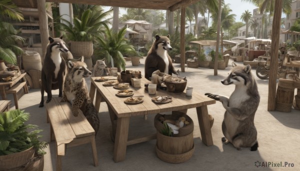 sitting,outdoors,food,day,tree,cup,no humans,bird,animal,chair,table,plant,ground vehicle,building,scenery,motor vehicle,plate,bowl,palm tree,basket,potted plant,bread,bear,umbrella,dog,barrel,bamboo steamer,polar bear