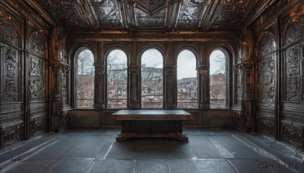 outdoors,sky,day,indoors,tree,no humans,window,table,sunlight,building,scenery,stairs,city,tiles,architecture,tile floor,ruins,pillar,bare tree,church,arch,column,cloud,cloudy sky,fantasy