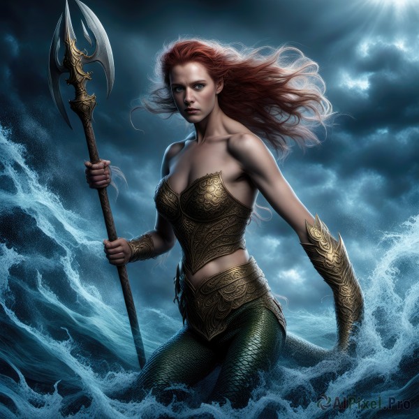 1girl,solo,long hair,breasts,looking at viewer,blue eyes,large breasts,brown hair,holding,cleavage,bare shoulders,medium breasts,collarbone,weapon,red hair,outdoors,sky,midriff,artist name,cloud,signature,water,holding weapon,armor,lips,floating hair,ocean,watermark,sunlight,cloudy sky,monster girl,polearm,web address,spear,realistic,nose,sun,vambraces,scales,bracer,mermaid,bikini armor,waves,trident,bustier,gloves