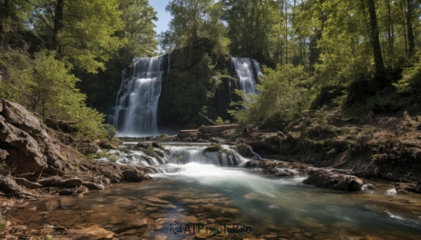 outdoors,sky,day,signature,water,tree,blue sky,no humans,nature,scenery,forest,rock,river,waterfall,landscape,stream,cloud