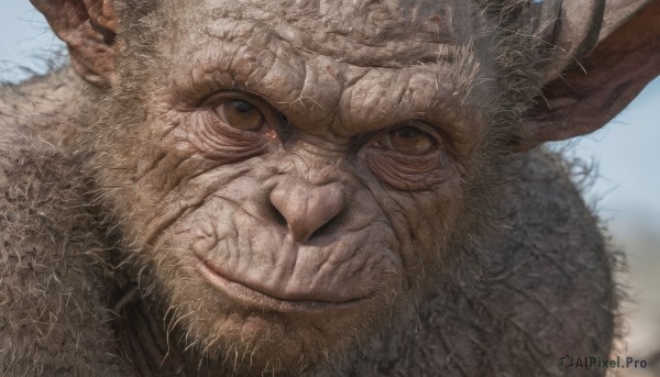 solo,looking at viewer,smile,1boy,brown eyes,closed mouth,male focus,outdoors,sky,day,blurry,blue sky,no humans,blurry background,animal,portrait,close-up,realistic,whiskers,scar