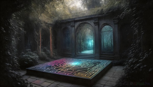 HQ,indoors,tree,dutch angle,no humans,window,sunlight,plant,nature,scenery,forest,light rays,fantasy,door,light,magic circle,tile floor,pillar,arch,column,light particles,stairs,magic