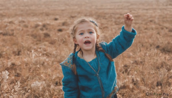 1girl,solo,looking at viewer,open mouth,blue eyes,blonde hair,shirt,hair ornament,long sleeves,jacket,upper body,outdoors,teeth,hand up,blurry,arm up,looking up,blue shirt,child,realistic,long hair,dress,braid,twin braids,aged down,female child,field