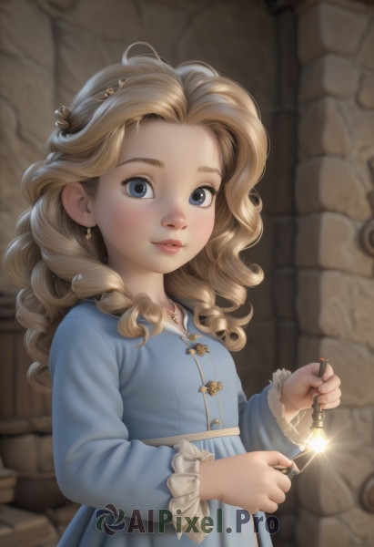 1girl,solo,long hair,looking at viewer,blush,smile,blue eyes,blonde hair,hair ornament,long sleeves,dress,holding,jewelry,closed mouth,upper body,earrings,necklace,blurry,flat chest,lips,blue dress,child,forehead,freckles,curly hair,glint,wand,female child,parted lips,artist name,blurry background,drill hair,frilled sleeves,candle,stone wall,sparkler