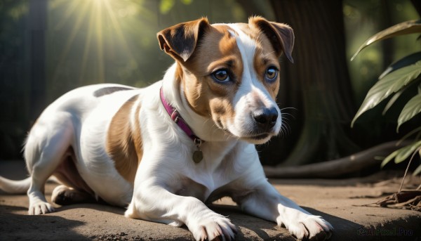 HQ,solo,looking at viewer,blue eyes,brown eyes,closed mouth,full body,outdoors,day,blurry,collar,tree,no humans,blurry background,animal,sunlight,cat,plant,nature,forest,dog,light rays,realistic,animal focus,animal collar,signature,leaf,red collar