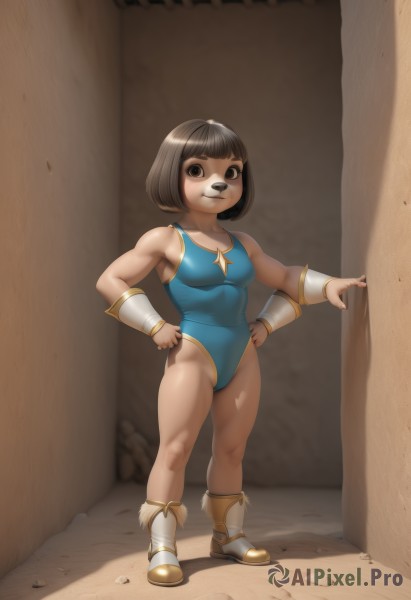 1girl,solo,breasts,looking at viewer,smile,short hair,bangs,brown hair,black hair,animal ears,bare shoulders,brown eyes,medium breasts,standing,swimsuit,full body,thighs,small breasts,boots,blunt bangs,star (symbol),black eyes,high heels,leotard,lips,hand on hip,one-piece swimsuit,muscular,thick thighs,bob cut,aged down,child,furry,toned,hands on hips,blue one-piece swimsuit,furry female,muscular female,vambraces,blue leotard,bracer,wrestling outfit,1boy