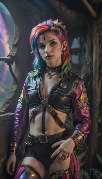 1girl,solo,long hair,breasts,looking at viewer,thighhighs,long sleeves,navel,cleavage,brown eyes,jewelry,medium breasts,closed mouth,blue hair,standing,jacket,pink hair,red hair,multicolored hair,cowboy shot,earrings,small breasts,parted lips,green hair,open clothes,shorts,choker,midriff,belt,necklace,stomach,nail polish,blurry,bracelet,two-tone hair,open jacket,lips,black jacket,crop top,fingernails,head tilt,short shorts,eyelashes,gradient hair,makeup,depth of field,blurry background,black choker,facial mark,black shorts,piercing,ring,suspenders,lipstick,ear piercing,multicolored clothes,buckle,pink nails,o-ring,eyeshadow,zipper,freckles,arm at side,asymmetrical legwear,cropped jacket,long fingernails,contrapposto,pocket,black belt,belt buckle,realistic,nose,bangle,blue thighhighs,eyeliner,mismatched legwear,purple thighhighs,badge,asymmetrical sleeves,mascara,thumb ring,button badge,uneven sleeves,o-ring choker,rainbow hair,hair ornament,artist name,mole,collar,tree,hand on hip,watermark,web address,hoop earrings,forehead mark