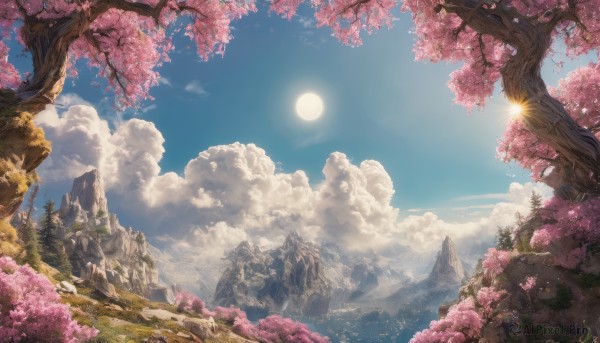 flower, outdoors, sky, day, cloud, tree, blue sky, no humans, sunlight, grass, cherry blossoms, nature, scenery, mountain, sun, landscape