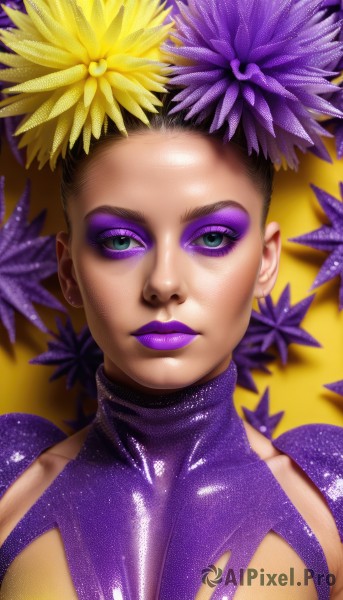 1girl,solo,breasts,looking at viewer,short hair,large breasts,black hair,hair ornament,green eyes,upper body,flower,hair flower,dark skin,lips,torn clothes,eyelashes,bodysuit,makeup,lipstick,portrait,eyeshadow,nose,eyeliner,very short hair,purple lips,purple bodysuit,mascara,blue eyes,jewelry,earrings,shiny,dark-skinned female,shiny clothes,realistic