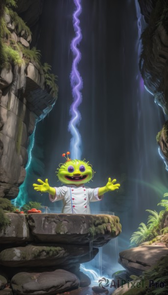 solo,smile,open mouth,gloves,1boy,purple eyes,:d,male focus,teeth,water,no humans,colored skin,outstretched arms,rock,frog,green skin,waterfall,cave,moss,electricity,mushroom