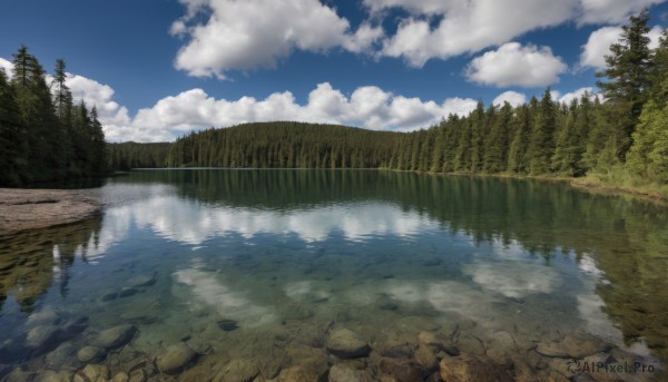 outdoors,sky,day,cloud,water,tree,blue sky,no humans,cloudy sky,grass,nature,scenery,forest,reflection,rock,river,landscape,reflective water,mountain,lake