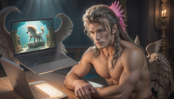 solo,long hair,blue eyes,brown hair,hair ornament,1boy,navel,sitting,nipples,upper body,braid,male focus,parted lips,wings,artist name,indoors,single braid,muscular,animal,abs,table,feathers,pectorals,muscular male,feathered wings,topless male,dog,angel wings,realistic,white wings,angel,candle,computer,laptop,statue,smile,grey hair,tattoo,bara,manly