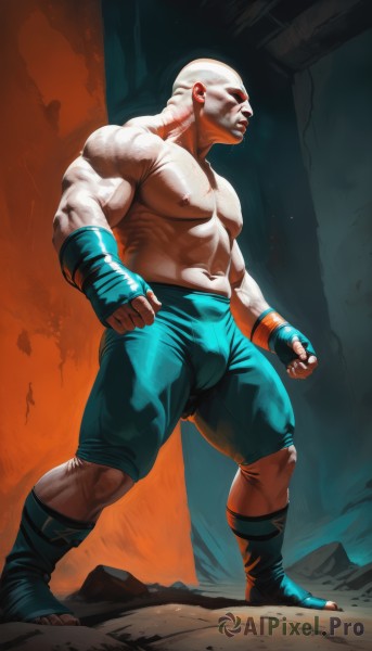 solo,gloves,1boy,navel,nipples,standing,full body,male focus,shorts,teeth,fingerless gloves,muscular,facial hair,scar,abs,pectorals,muscular male,clenched hands,veins,blue shorts,bulge,topless male,blue gloves,toeless legwear,bald,aura,manly,boots,thick thighs,thick eyebrows,bara,beard,large pectorals,rock,realistic,chest hair,wrestling outfit