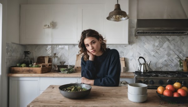 1girl,solo,long hair,looking at viewer,brown hair,long sleeves,brown eyes,upper body,food,indoors,sweater,cup,lips,fruit,table,bottle,hand on own face,bowl,head rest,realistic,apple,hand on own cheek,glass,black sweater,blue sweater,kitchen,counter,cutting board,shirt,jewelry,sitting,closed mouth,earrings,mole,window,expressionless,blue shirt,plate,spoon,basket,newspaper,ceiling light