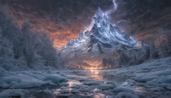 outdoors,sky,cloud,water,tree,no humans,night,cloudy sky,fire,star (sky),nature,night sky,scenery,snow,forest,starry sky,reflection,sunset,ice,snowing,mountain,winter,bare tree,river,landscape,mountainous horizon,pine tree,rock,lightning,frozen