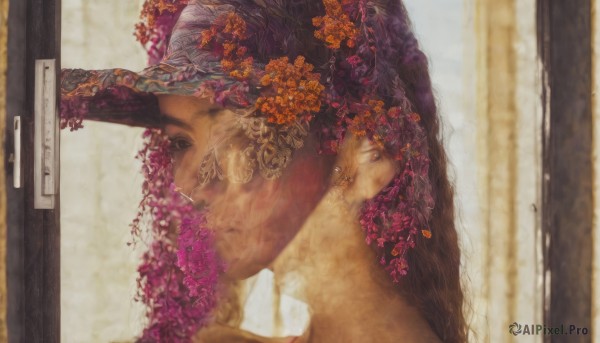 1girl,solo,long hair,brown hair,black hair,hair ornament,brown eyes,jewelry,purple hair,braid,flower,earrings,hair flower,lips,eyelashes,profile,looking away,portrait,realistic,surreal,looking at viewer,white background,blurry,black eyes,from side,tattoo,depth of field,pink flower,purple flower,orange flower,wisteria