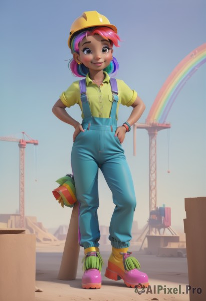 1girl,solo,looking at viewer,blush,smile,short hair,shirt,hat,brown eyes,jewelry,closed mouth,standing,full body,pink hair,purple hair,short sleeves,multicolored hair,earrings,boots,outdoors,sky,day,collared shirt,pants,dark skin,bracelet,two-tone hair,dark-skinned female,blue sky,suspenders,child,personification,hands on hips,yellow shirt,female child,overalls,rainbow,red hair,shoes,nail polish,lips,buttons,helmet,hands in pockets,pink footwear,blue pants,yellow headwear,desert,blue overalls