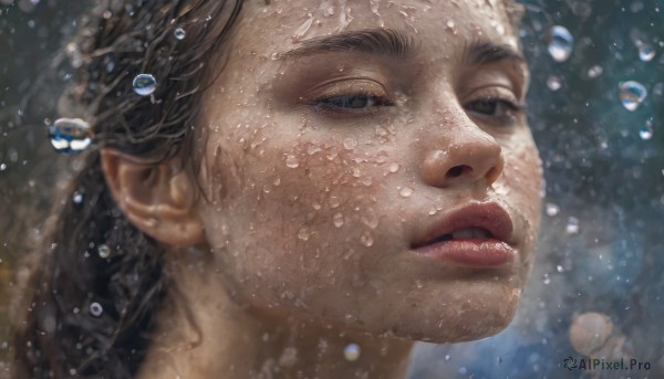 1girl, solo, long hair, brown hair, brown eyes, parted lips, lips, portrait, close-up, bubble, water drop, realistic, nose